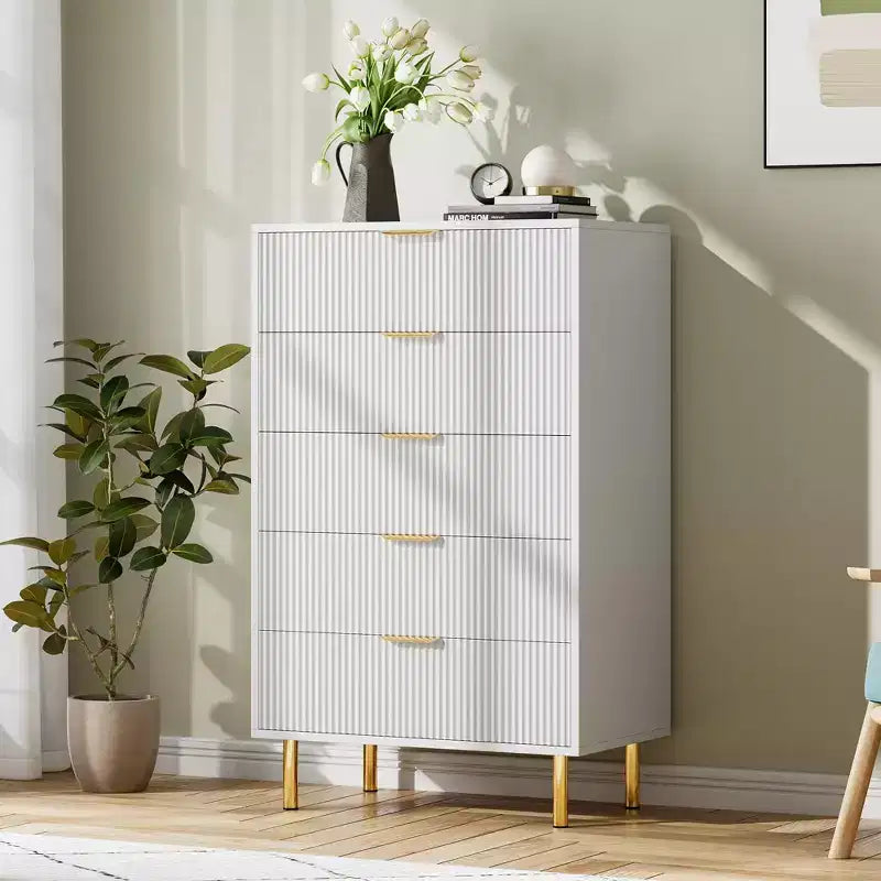 Commode, Commode moderne à 5 tiroirs pour chambre avec poignée dorée et grand tiroir, Commode double en bois et organisateur de rangement