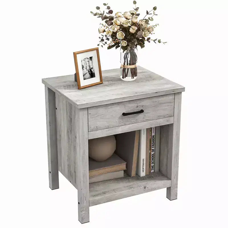 Nightstand with Drawer & Shelf C Rustic Wood Bedside Table for Bedroom & Living Room (56x45x60cm, Gray) C Compact End Table with Storage