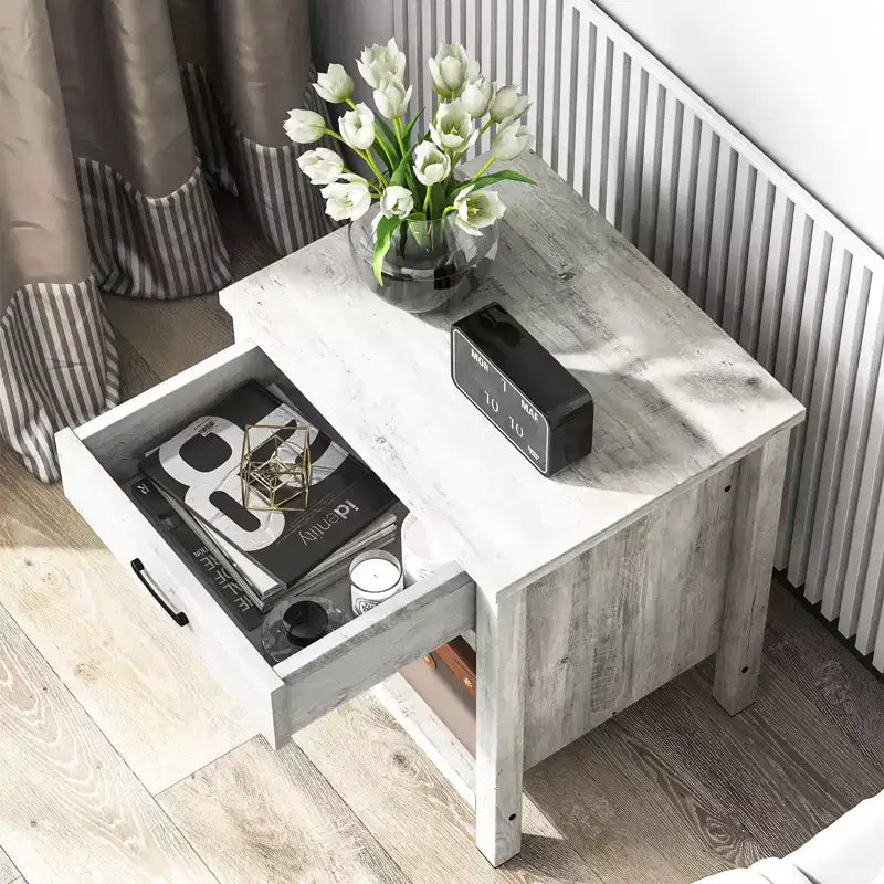 Table de chevet avec tiroir et étagère C Table de chevet rustique en bois pour chambre et salon (56x45x60cm, gris) C Table d'appoint compacte avec rangement