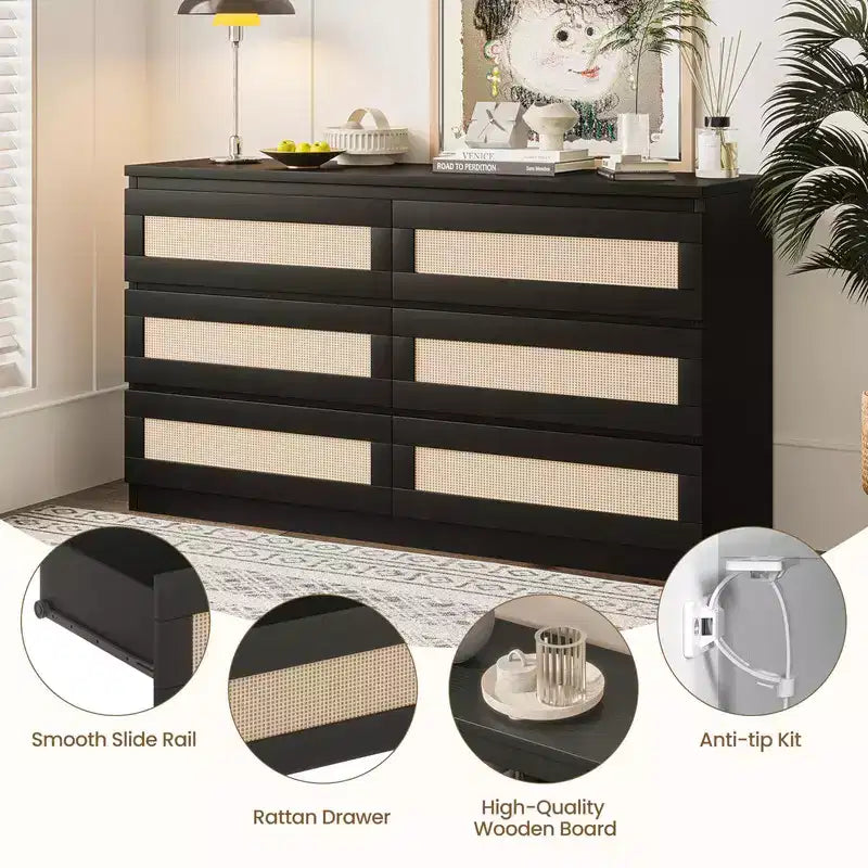 Commode 8 tiroirs en rotin pour chambre à coucher, double commode en bois pour placard, table de chevet, meuble TV, salon, entrée ou couloir