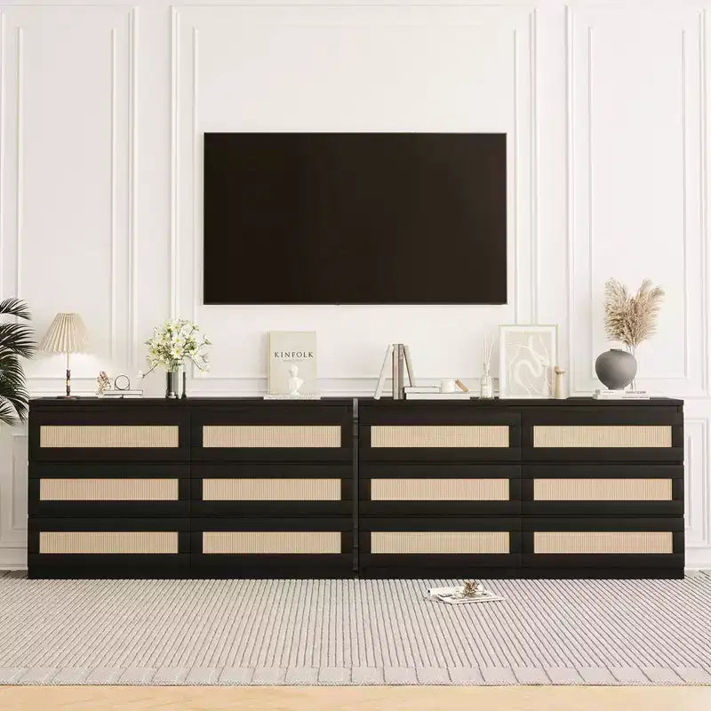 Commode 8 tiroirs en rotin pour chambre à coucher, double commode en bois pour placard, table de chevet, meuble TV, salon, entrée ou couloir