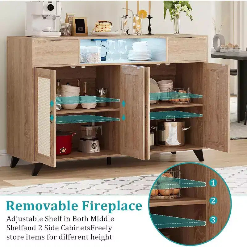 Buffet en bois de rotin, grand rangement de 119 cm avec 4 portes et 2 tiroirs, meuble de bar à café style ferme