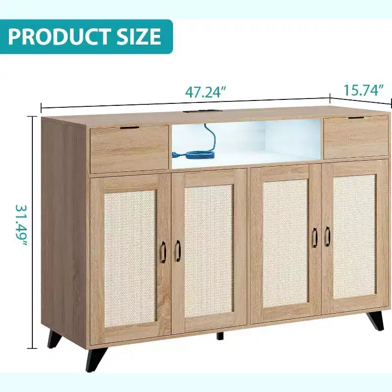 Buffet en bois de rotin, grand rangement de 119 cm avec 4 portes et 2 tiroirs, meuble de bar à café style ferme