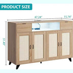 Buffet en bois de rotin, grand rangement de 119 cm avec 4 portes et 2 tiroirs, meuble de bar à café style ferme
