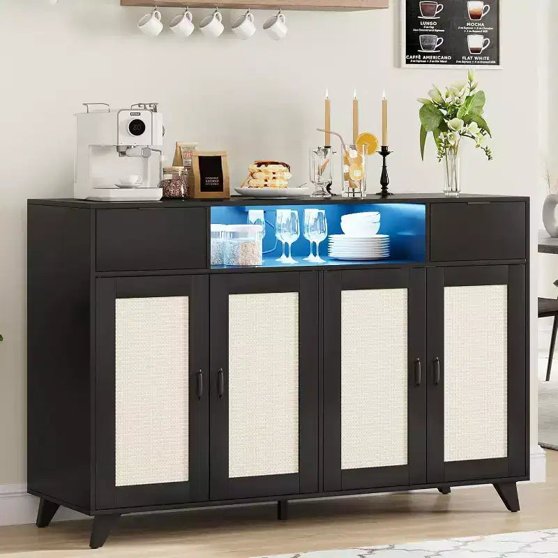 Rattan Wood Buffet Sideboard,47in Large Storage with 4 Doors 2 Drawers,Farmhouse Coffee Bar Cabinet