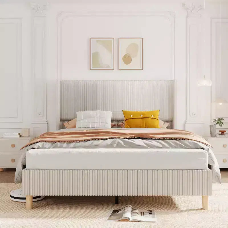 Bed Frame, Upholstered Platform Corduroy Bed Frame with Vertical Channel Tufted Headboard, No Box Spring Needed