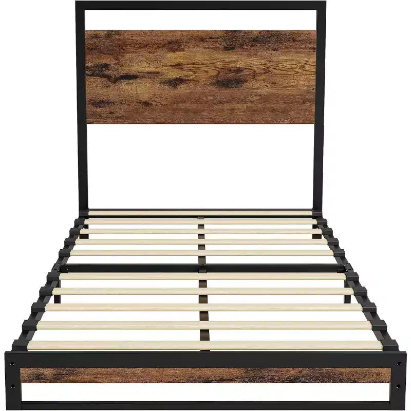 Cadre de lit King avec tête de lit, pied de lit et grand espace de rangement sous le lit, 10 lattes en bois solides antidérapantes et silencieuses, cadre de lit plateforme