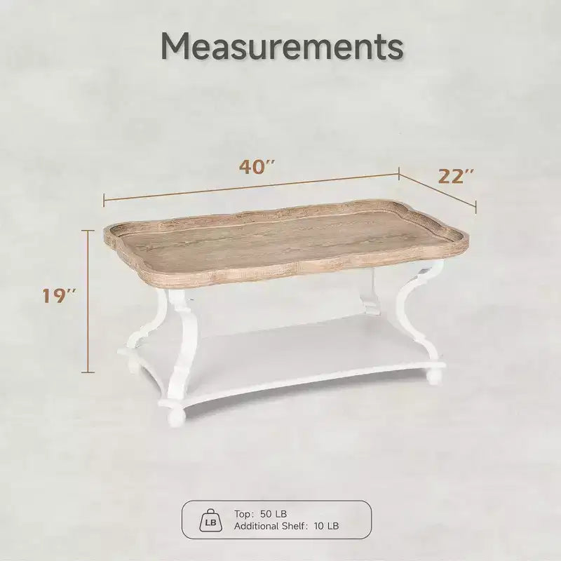 COZAYH Table basse, table d'appoint rustique style ferme avec plateau de service et étagère de rangement - Table de salon style cottagecore, finition artisanale naturelle/blanche