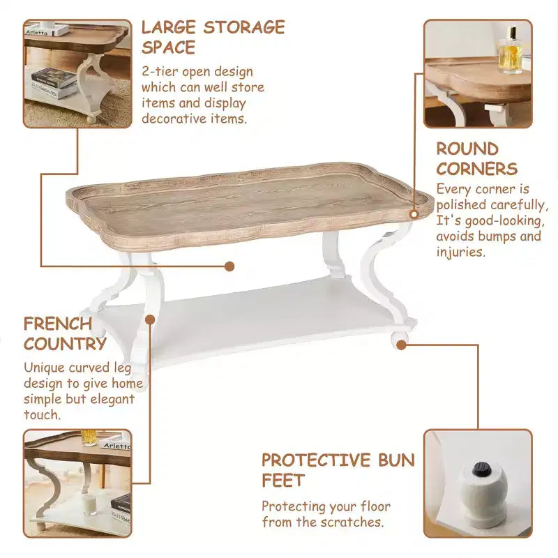 COZAYH Table basse, table d'appoint rustique style ferme avec plateau de service et étagère de rangement - Table de salon style cottagecore, finition artisanale naturelle/blanche