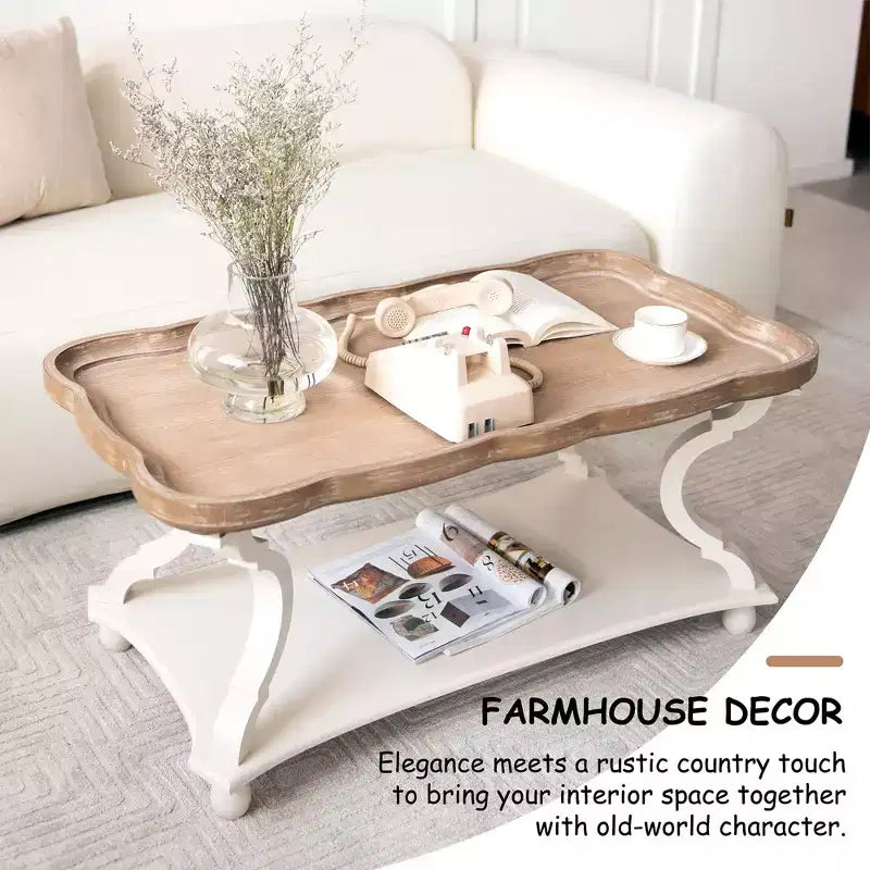 COZAYH Table basse, table d'appoint rustique style ferme avec plateau de service et étagère de rangement - Table de salon style cottagecore, finition artisanale naturelle/blanche