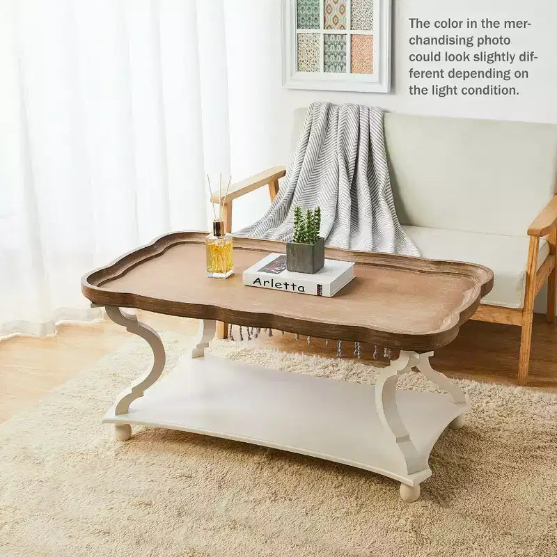 COZAYH Table basse, table d'appoint rustique style ferme avec plateau de service et étagère de rangement - Table de salon style cottagecore, finition artisanale naturelle/blanche