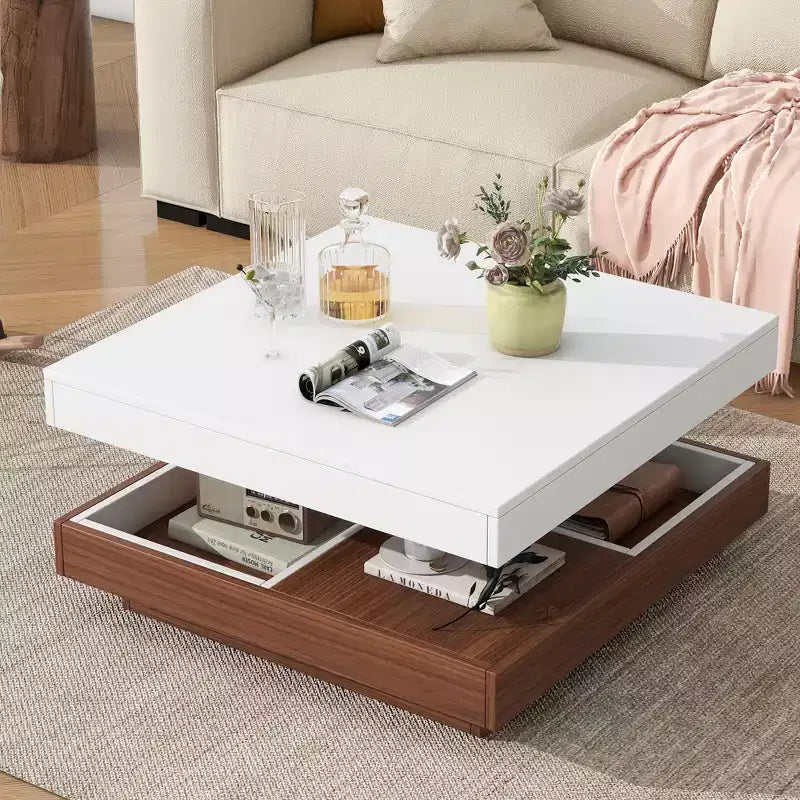 CLIHOME Table basse carrée moderne rotative à 360° avec trois plateaux amovibles, table basse centrale en bois de ferme à 2 niveaux avec rangement