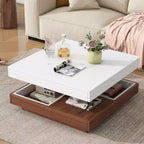 CLIHOME Table basse carrée moderne rotative à 360° avec trois plateaux amovibles, table basse centrale en bois de ferme à 2 niveaux avec rangement