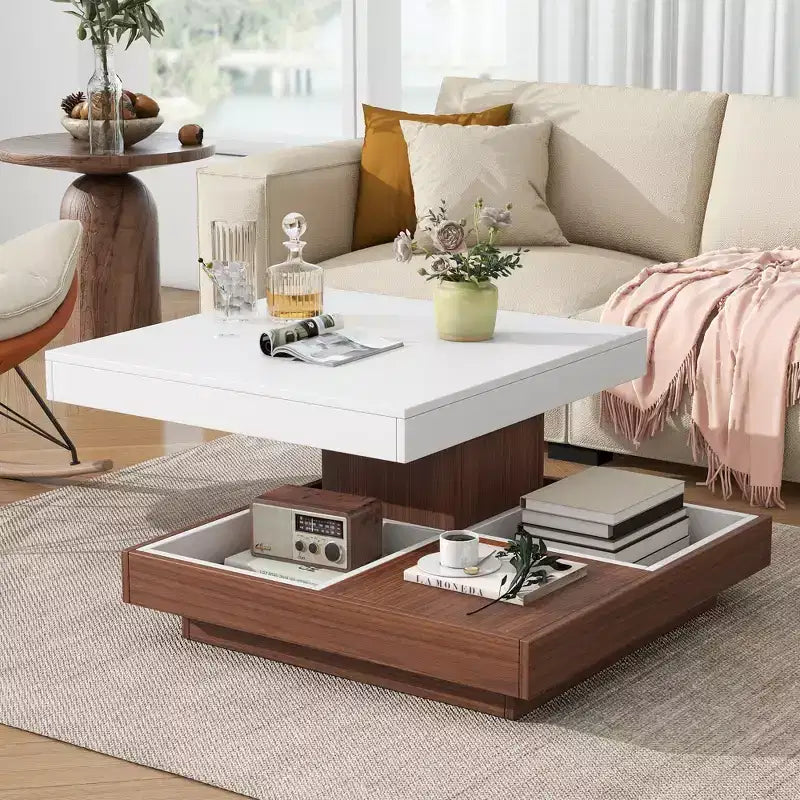 CLIHOME Table basse carrée moderne rotative à 360° avec trois plateaux amovibles, table basse centrale en bois de ferme à 2 niveaux avec rangement