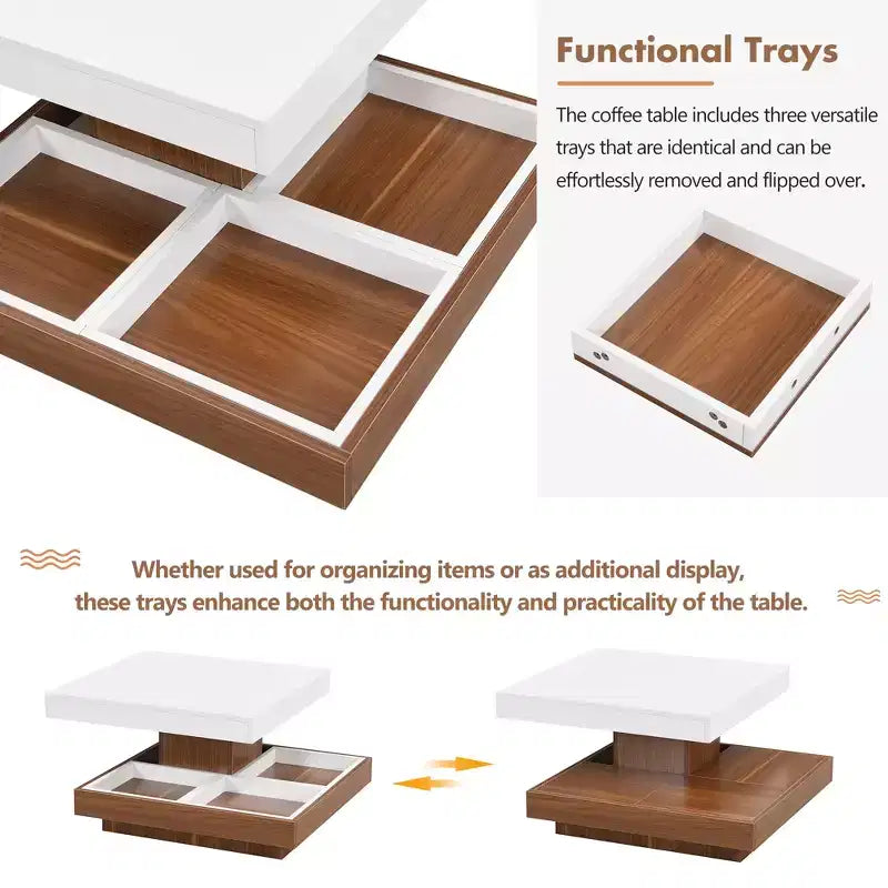 CLIHOME Table basse carrée moderne rotative à 360° avec trois plateaux amovibles, table basse centrale en bois de ferme à 2 niveaux avec rangement