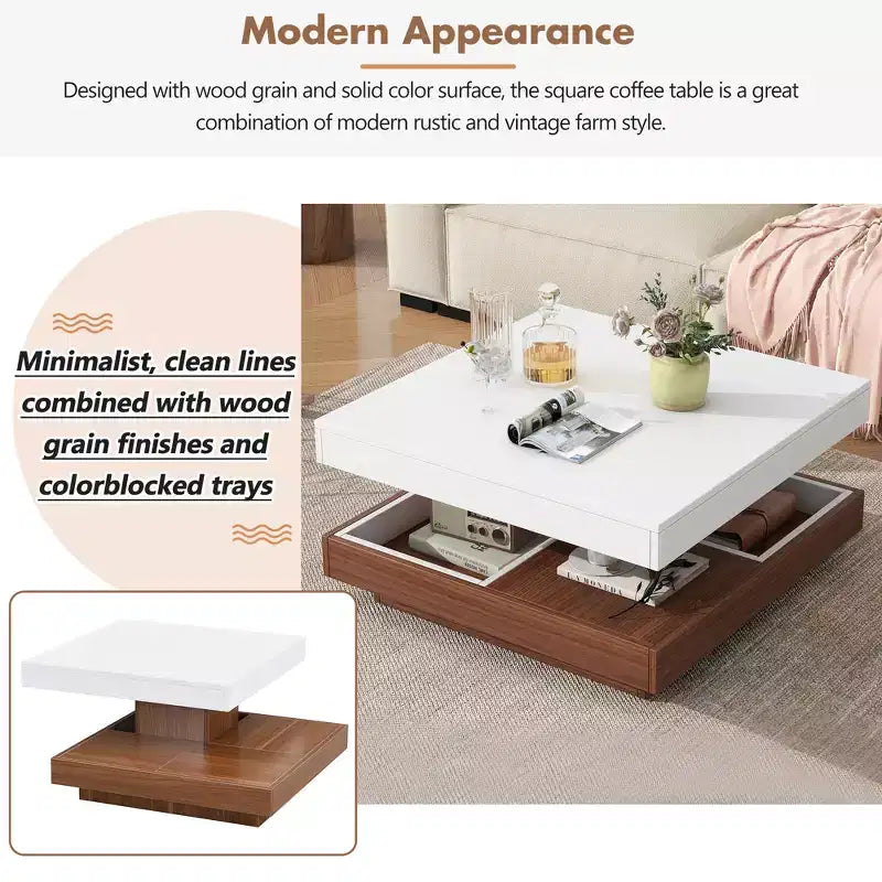 CLIHOME Table basse carrée moderne rotative à 360° avec trois plateaux amovibles, table basse centrale en bois de ferme à 2 niveaux avec rangement