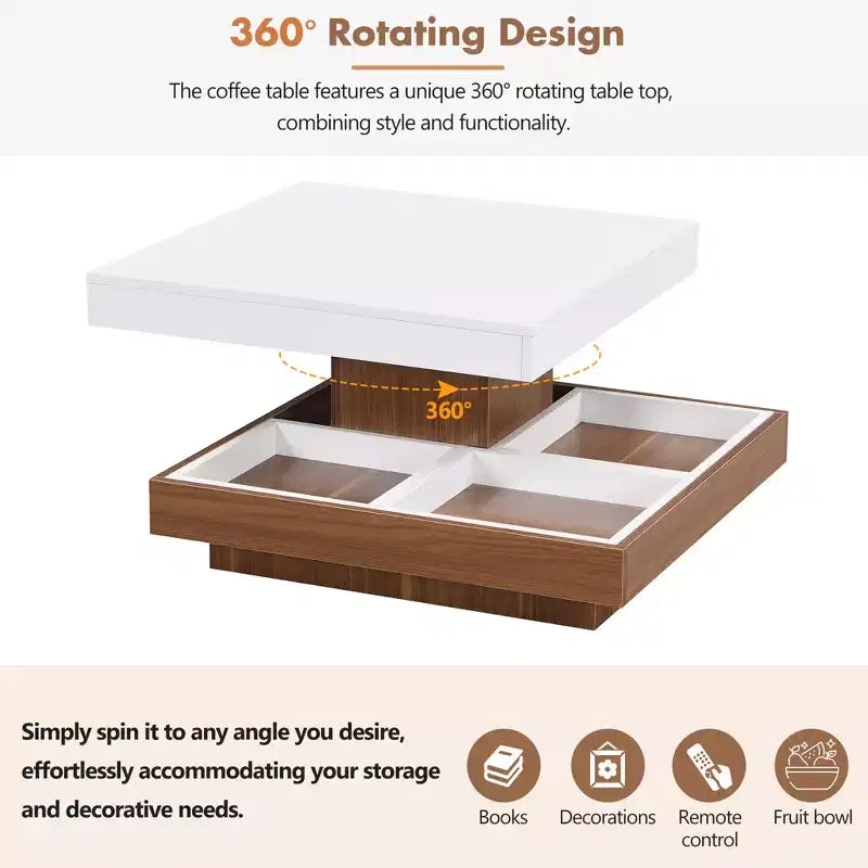CLIHOME Table basse carrée moderne rotative à 360° avec trois plateaux amovibles, table basse centrale en bois de ferme à 2 niveaux avec rangement