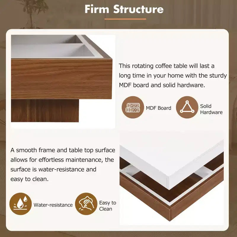 CLIHOME Table basse carrée moderne rotative à 360° avec trois plateaux amovibles, table basse centrale en bois de ferme à 2 niveaux avec rangement