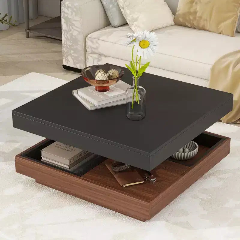 CLIHOME Table basse carrée moderne rotative à 360° avec trois plateaux amovibles, table basse centrale en bois de ferme à 2 niveaux avec rangement