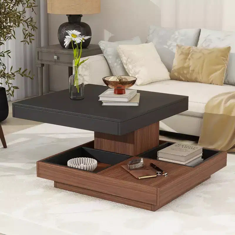CLIHOME Table basse carrée moderne rotative à 360° avec trois plateaux amovibles, table basse centrale en bois de ferme à 2 niveaux avec rangement