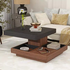 CLIHOME Table basse carrée moderne rotative à 360° avec trois plateaux amovibles, table basse centrale en bois de ferme à 2 niveaux avec rangement