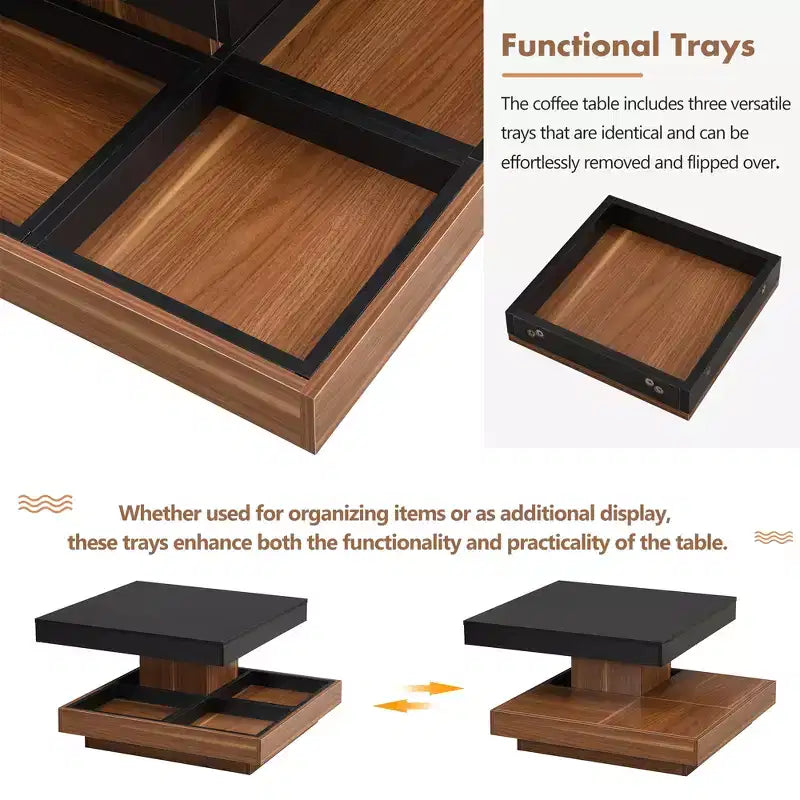 CLIHOME Table basse carrée moderne rotative à 360° avec trois plateaux amovibles, table basse centrale en bois de ferme à 2 niveaux avec rangement