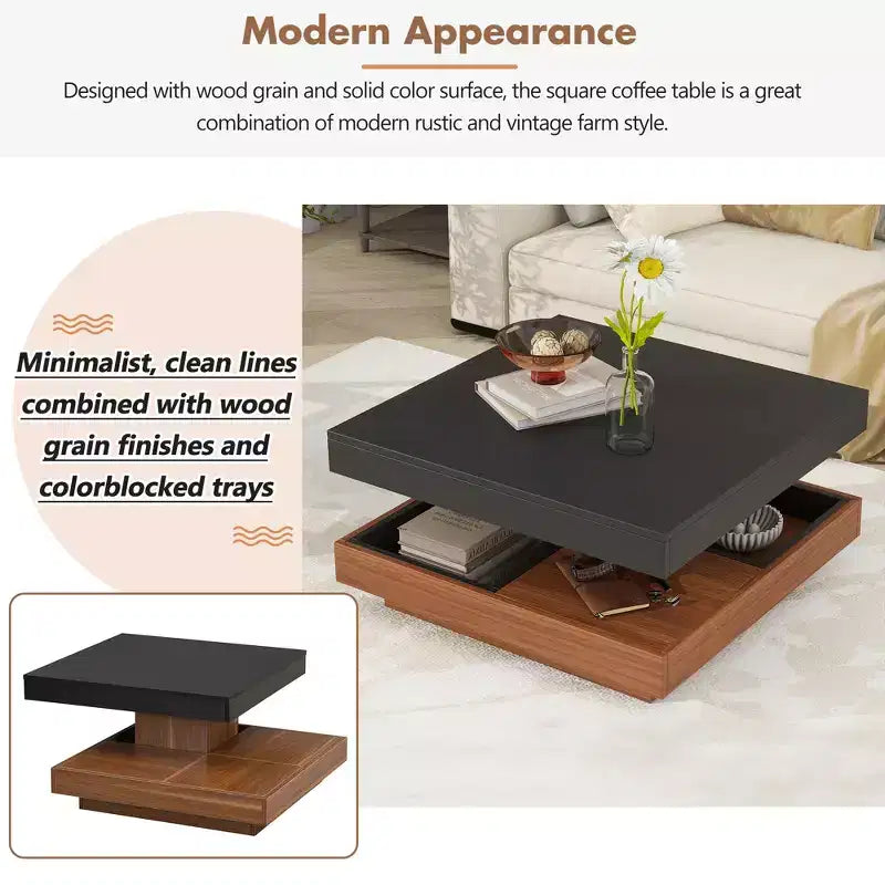 CLIHOME Table basse carrée moderne rotative à 360° avec trois plateaux amovibles, table basse centrale en bois de ferme à 2 niveaux avec rangement