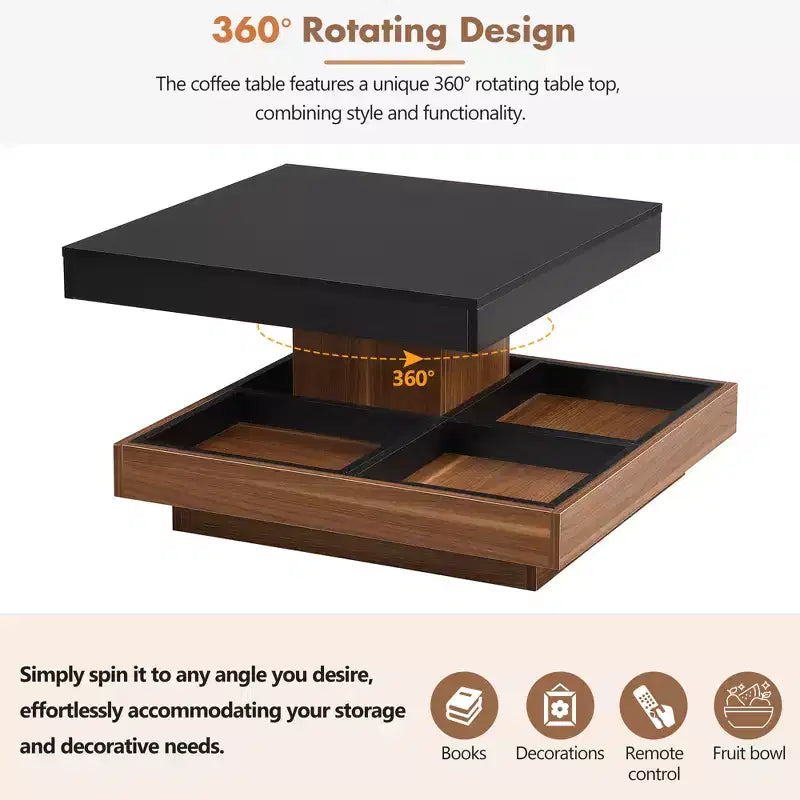 CLIHOME Table basse carrée moderne rotative à 360° avec trois plateaux amovibles, table basse centrale en bois de ferme à 2 niveaux avec rangement