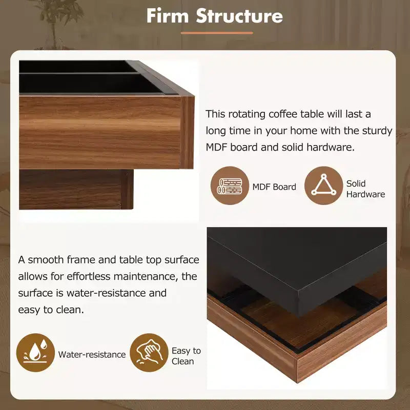 CLIHOME Table basse carrée moderne rotative à 360° avec trois plateaux amovibles, table basse centrale en bois de ferme à 2 niveaux avec rangement