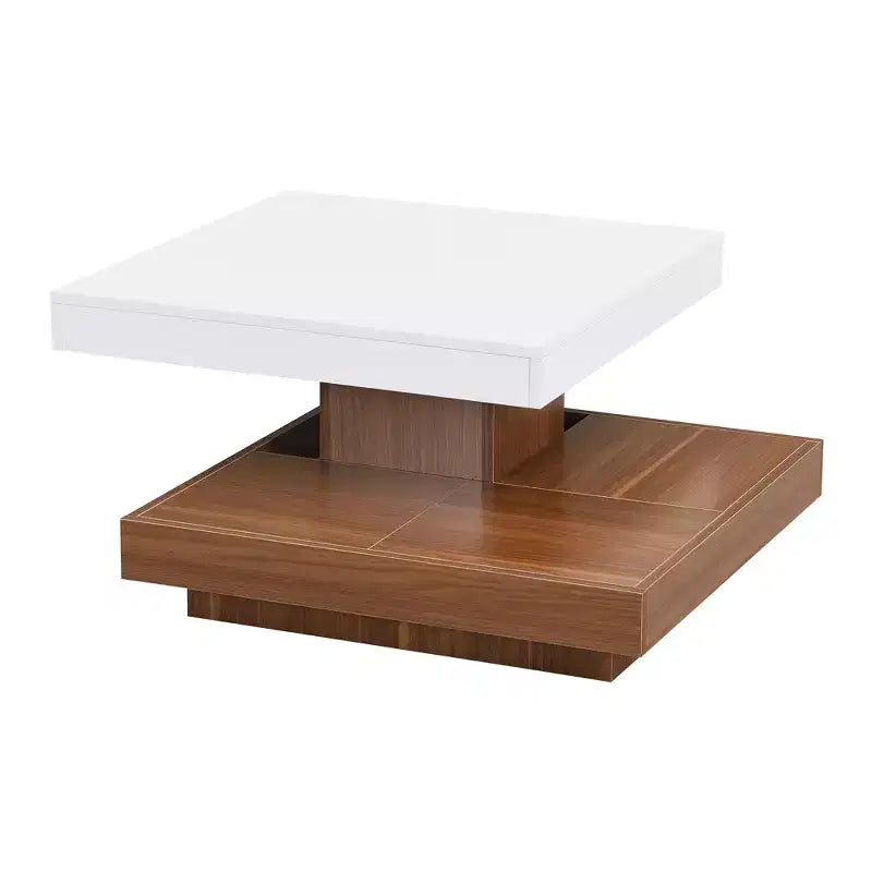 CLIHOME Table basse carrée moderne rotative à 360° avec trois plateaux amovibles, table basse centrale en bois de ferme à 2 niveaux avec rangement