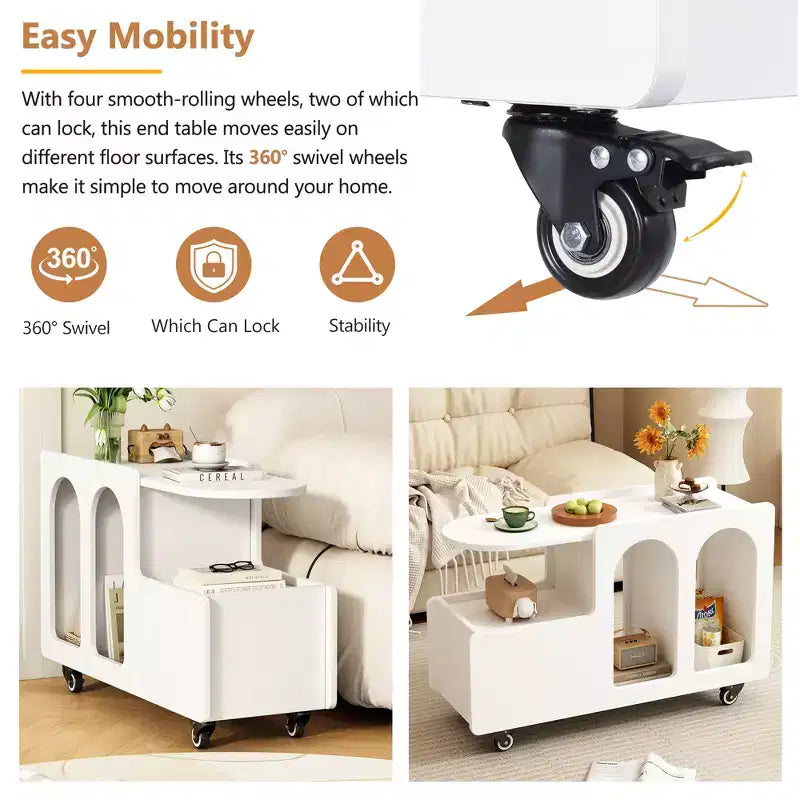 CLIHOME Table d'appoint mobile avec roulettes verrouillables, Table de chevet étroite de 30 cm, Table basse avec tiroir de rangement multicouche