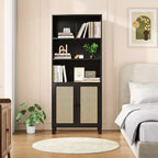 Bibliothèque PexFix à 5 étagères avec portes en rotin, grande étagère de présentation blanche pour bureau à domicile ou chambre à coucher