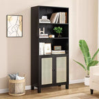 Bibliothèque PexFix à 5 étagères avec portes en rotin, grande étagère de présentation blanche pour bureau à domicile ou chambre à coucher