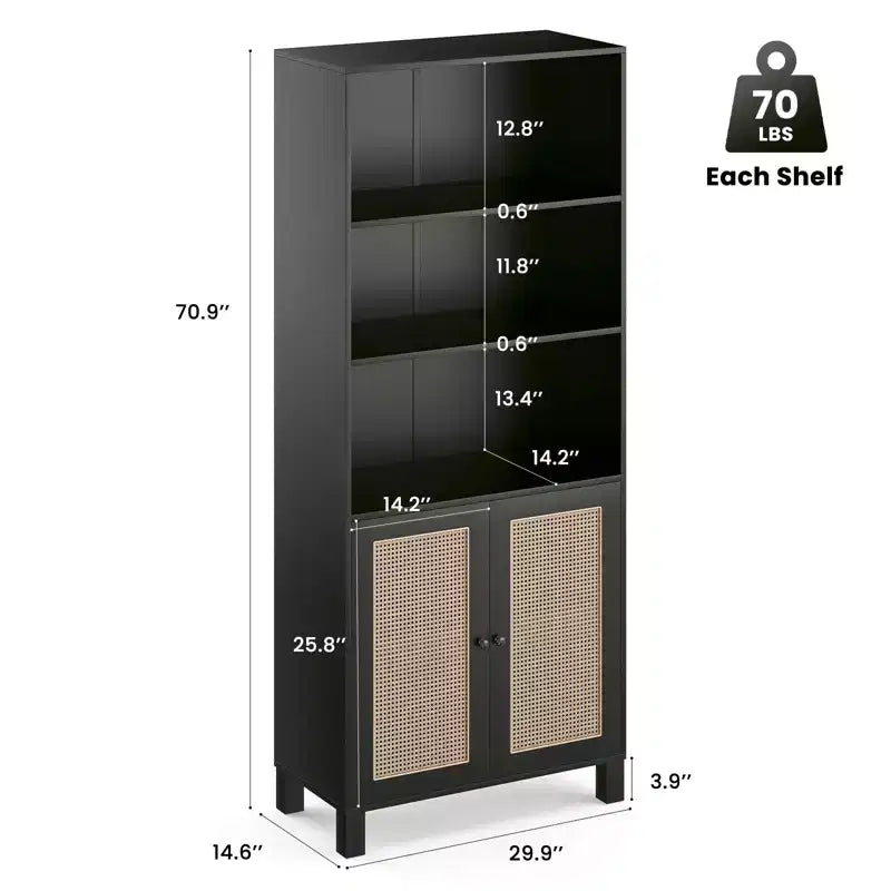 Bibliothèque PexFix à 5 étagères avec portes en rotin, grande étagère de présentation blanche pour bureau à domicile ou chambre à coucher