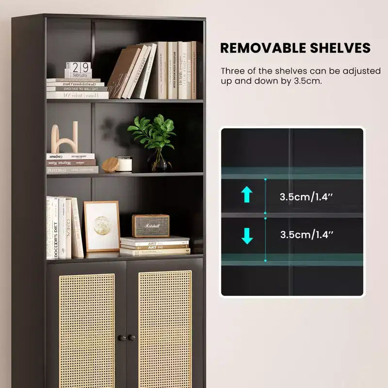 Bibliothèque PexFix à 5 étagères avec portes en rotin, grande étagère de présentation blanche pour bureau à domicile ou chambre à coucher