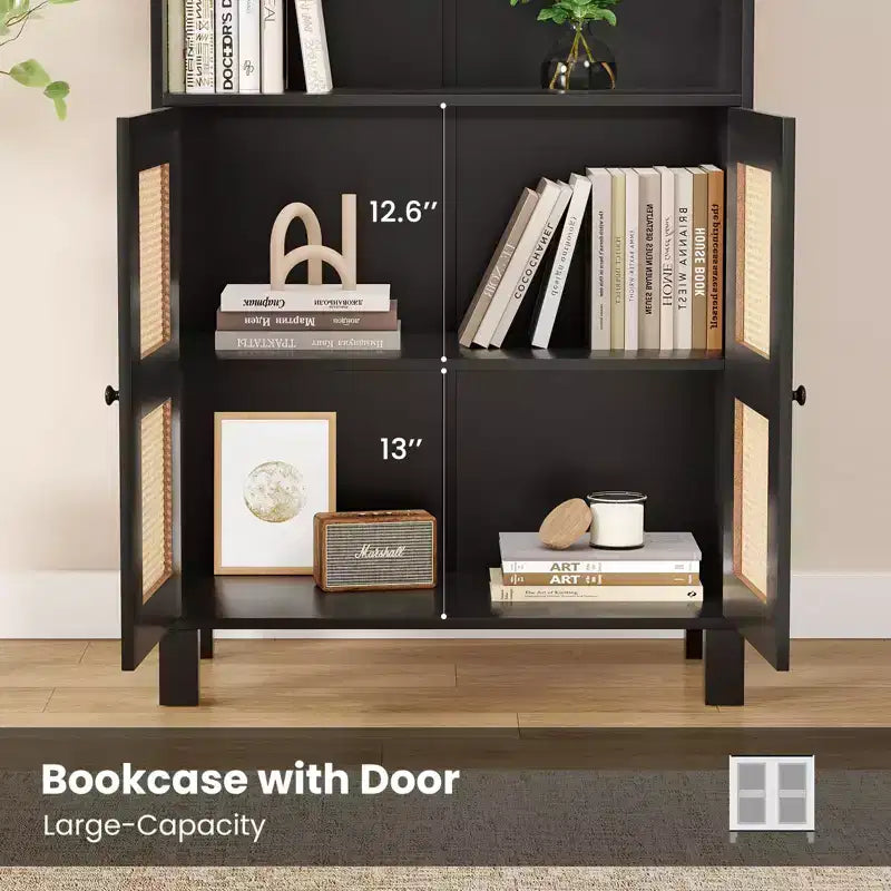 Bibliothèque PexFix à 5 étagères avec portes en rotin, grande étagère de présentation blanche pour bureau à domicile ou chambre à coucher