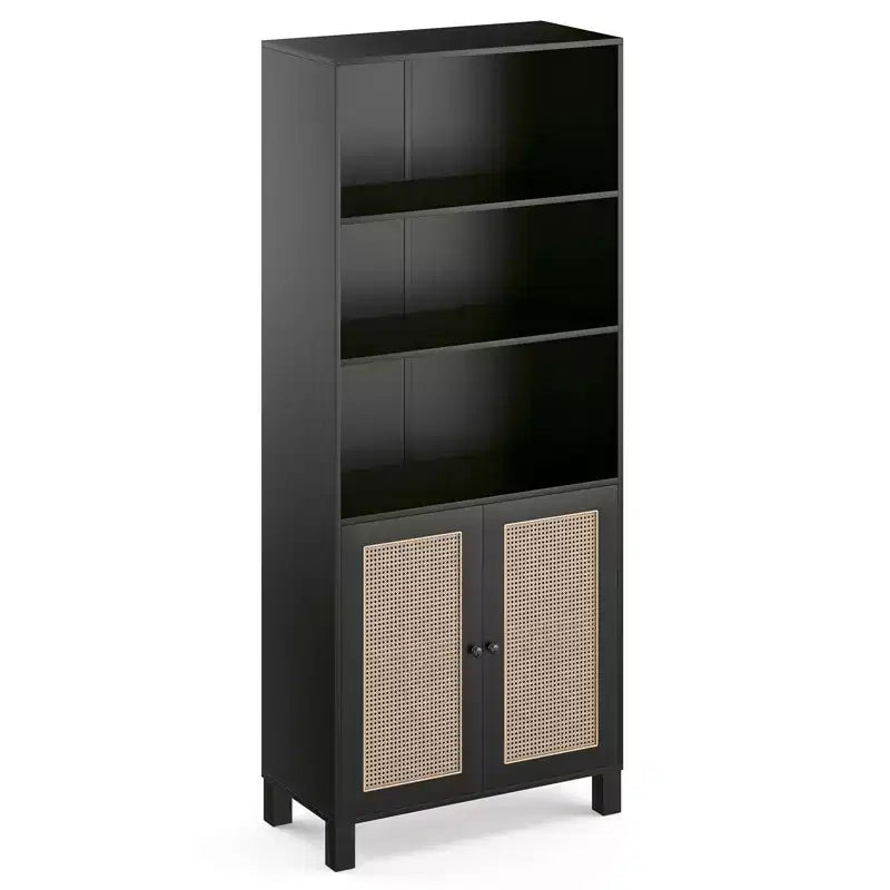 Bibliothèque PexFix à 5 étagères avec portes en rotin, grande étagère de présentation blanche pour bureau à domicile ou chambre à coucher
