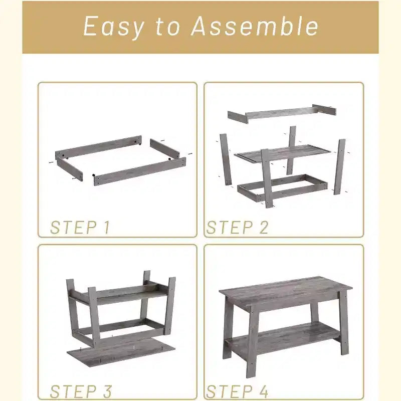 Table basse avec deux niveaux de rangement, table basse de salon moderne de style ferme industrielle, facile à assembler