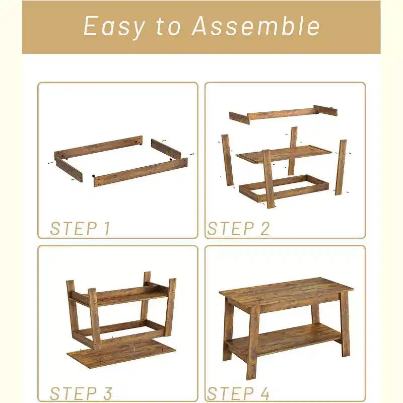 Table basse avec deux niveaux de rangement, table basse de salon moderne de style ferme industrielle, facile à assembler
