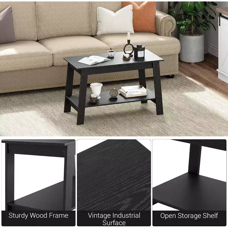 Table basse avec deux niveaux de rangement, table basse de salon moderne de style ferme industrielle, facile à assembler