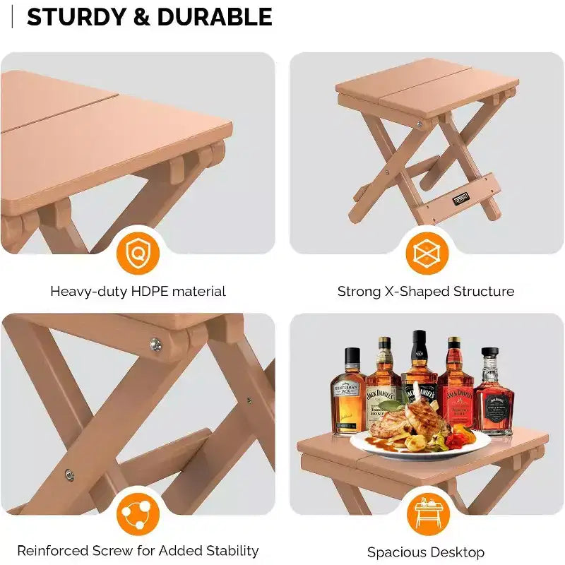 Table d'appoint pliante petite VINGLI en PEHD, tables basses d'appoint portables en plastique imperméables de style Adirondack, couleur teck