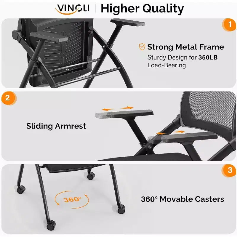 VINGLI Lot de 2 chaises de conférence empilables à roulettes, pliantes, avec siège rembourré, dossier rebondissant, 158 kg