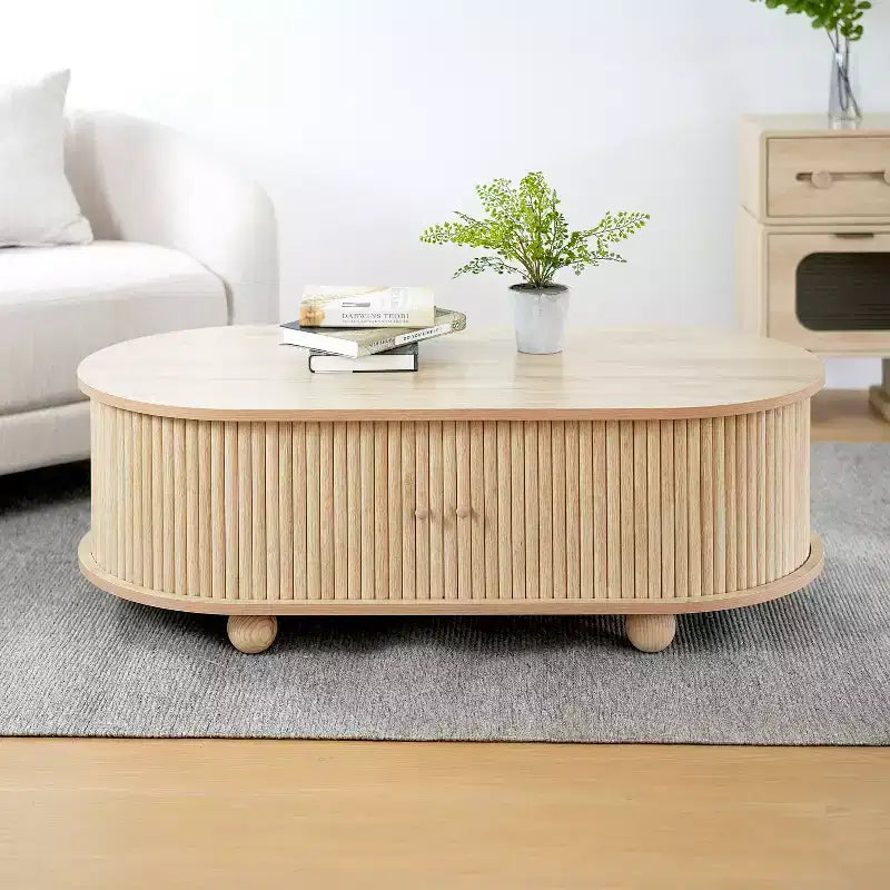 Christopher Knight Home Arizona Oval Wood Coffee Table with Half-Cover Accordion Door and Storage