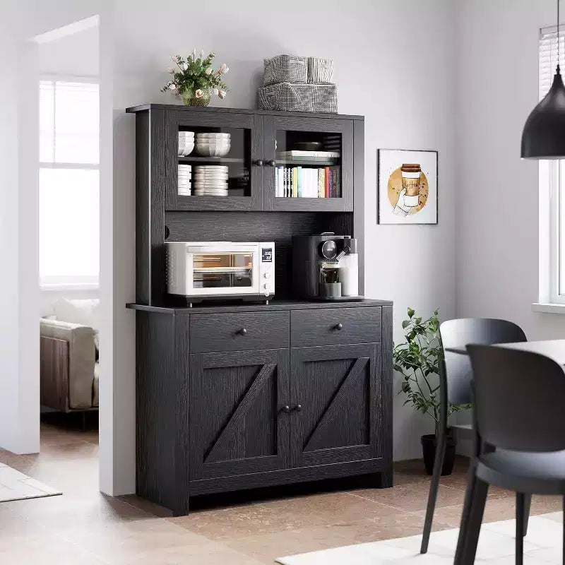 Freestanding Kitchen Pantry Cabinet with Microwave Stand & Buffet Cupboard, Adjustable Shelves for Dining Room