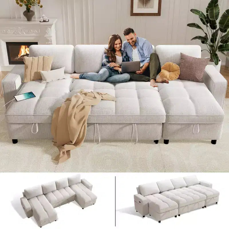 Dyonery Modular Sectional Sleeper Sofa with Pull Out Bed, U Shaped Sectional Sofa with USB Ports/Adjustable Backrest/2 Storage Seats