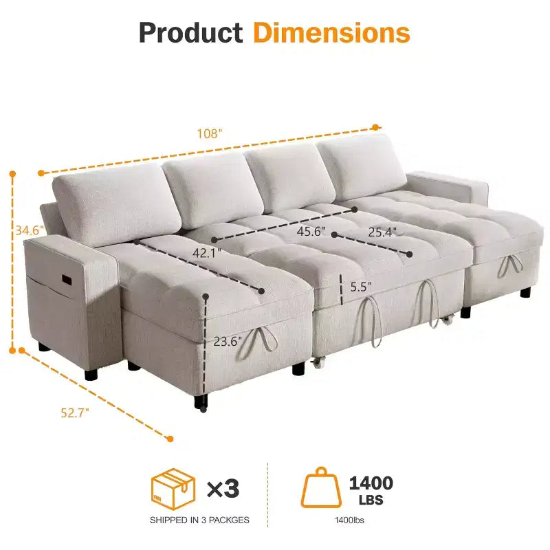 Canapé-lit modulaire sectionnel Dyonery avec lit gigogne, canapé sectionnel en U avec ports USB/dossier réglable/2 sièges de rangement
