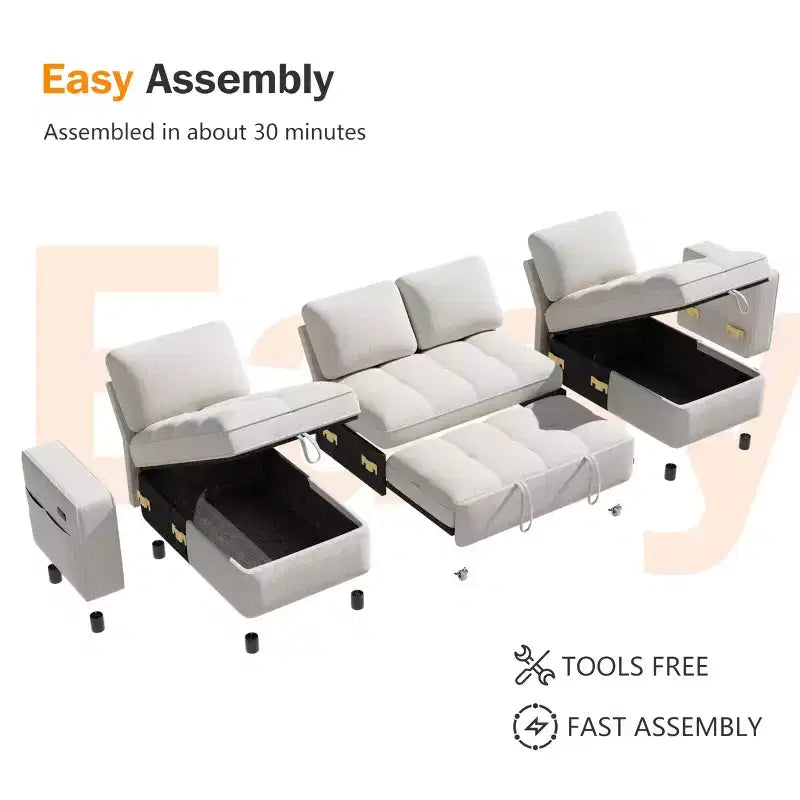 Canapé-lit modulaire sectionnel Dyonery avec lit gigogne, canapé sectionnel en U avec ports USB/dossier réglable/2 sièges de rangement