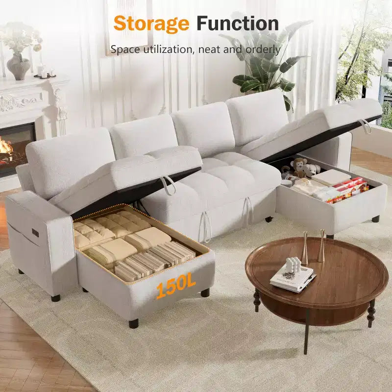 Canapé-lit modulaire sectionnel Dyonery avec lit gigogne, canapé sectionnel en U avec ports USB/dossier réglable/2 sièges de rangement