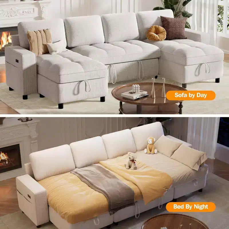 Canapé-lit modulaire sectionnel Dyonery avec lit gigogne, canapé sectionnel en U avec ports USB/dossier réglable/2 sièges de rangement