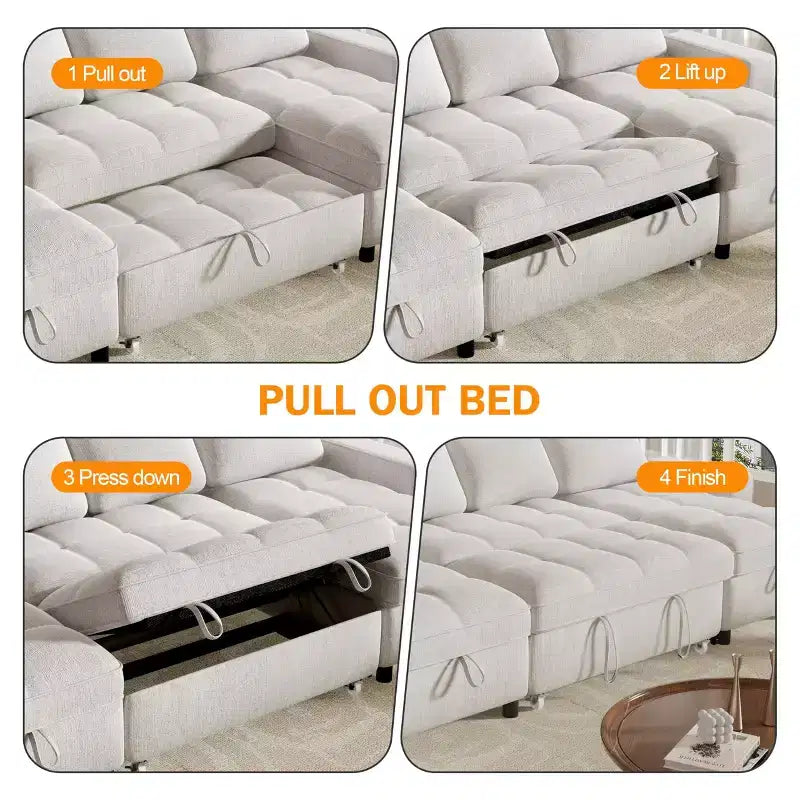 Canapé-lit modulaire sectionnel Dyonery avec lit gigogne, canapé sectionnel en U avec ports USB/dossier réglable/2 sièges de rangement